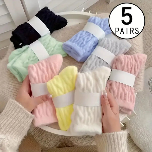 5 Pairs of Cozy Knee-Length Solid Twist Pattern Socks