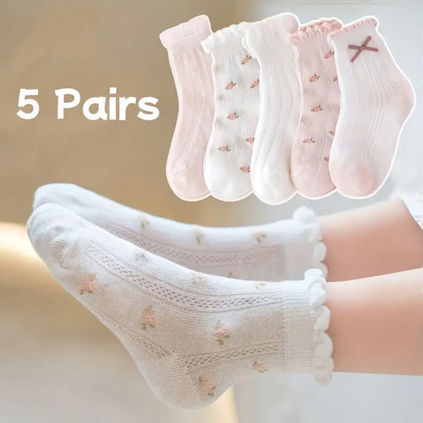 5pcs Girls' Breathable Mesh Socks with Cute Bowknots