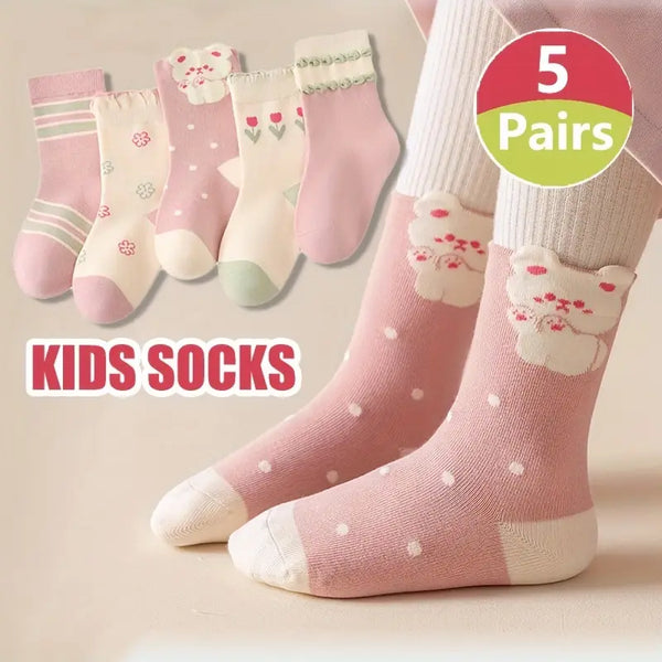5pcs Cute Cartoon Bunny Girls' Mid-Calf Socks