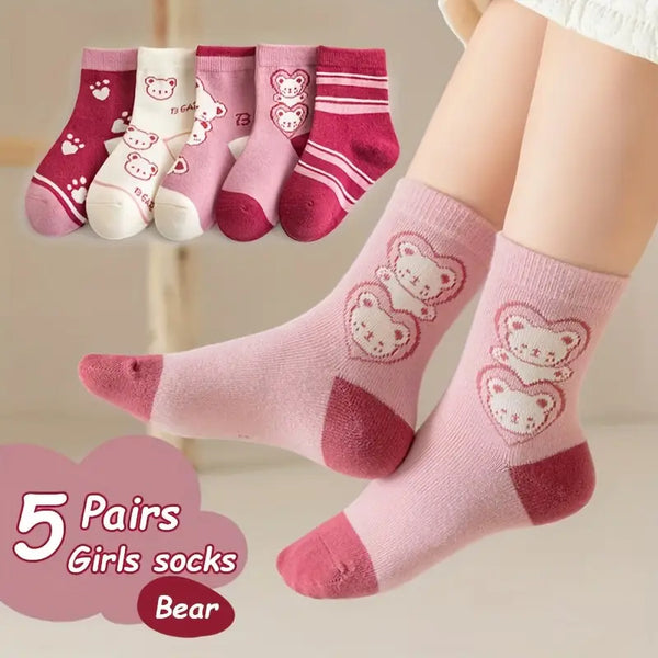 5 Pairs of Girls' Socks with Love Bear Design