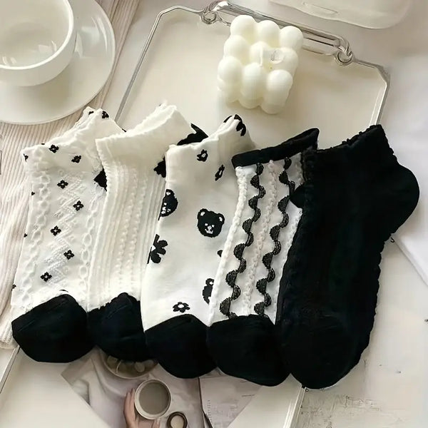 5 Pairs Floral & Bear Socks, Cute & Sweet Textured Ankle Socks