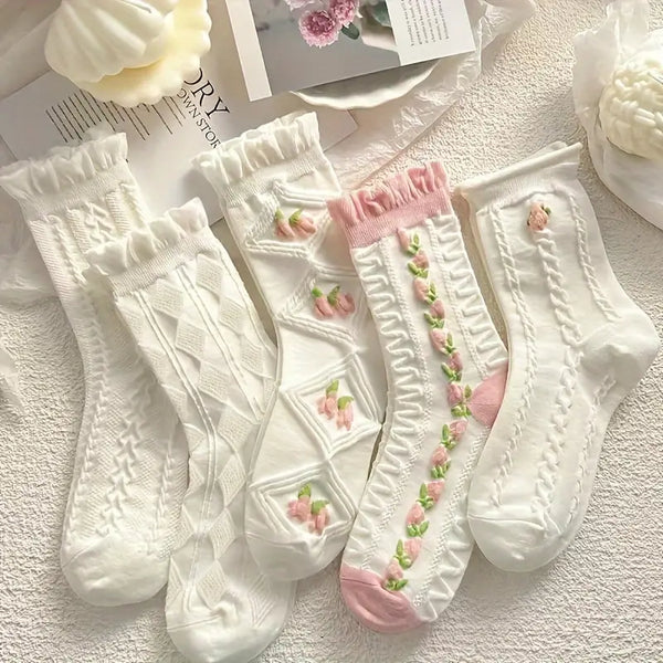 5 Pairs of Vibrant Floral Patterned Ruffle Mid Tube Socks