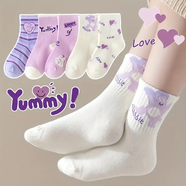 5pcs Girls' Purple Heart Crew Socks