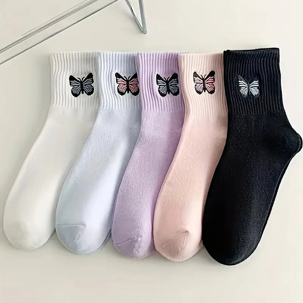 5 Pairs Fashion Cartoon Butterfly Embroidered Socks