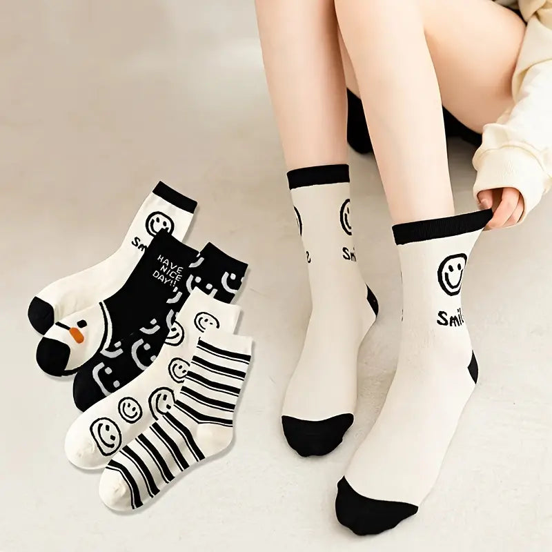 5 Pairs Smiling Face Print Socks