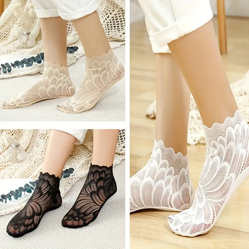 3 Pairs Floral Lace Mesh Thin Socks