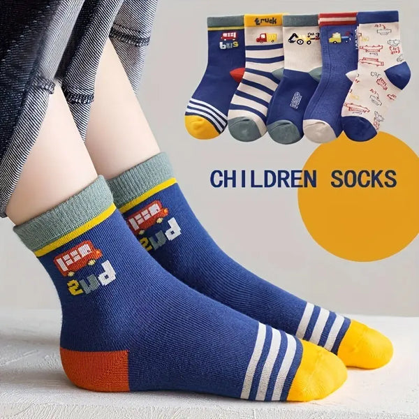 5 Pairs Of Boy's Trendy Cartoon Striped Letter Pattern Crew Socks