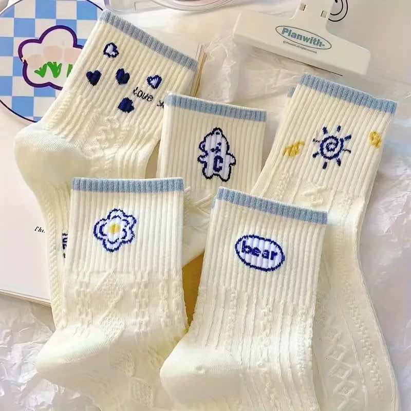 5 Pairs Cute Sun Print Socks