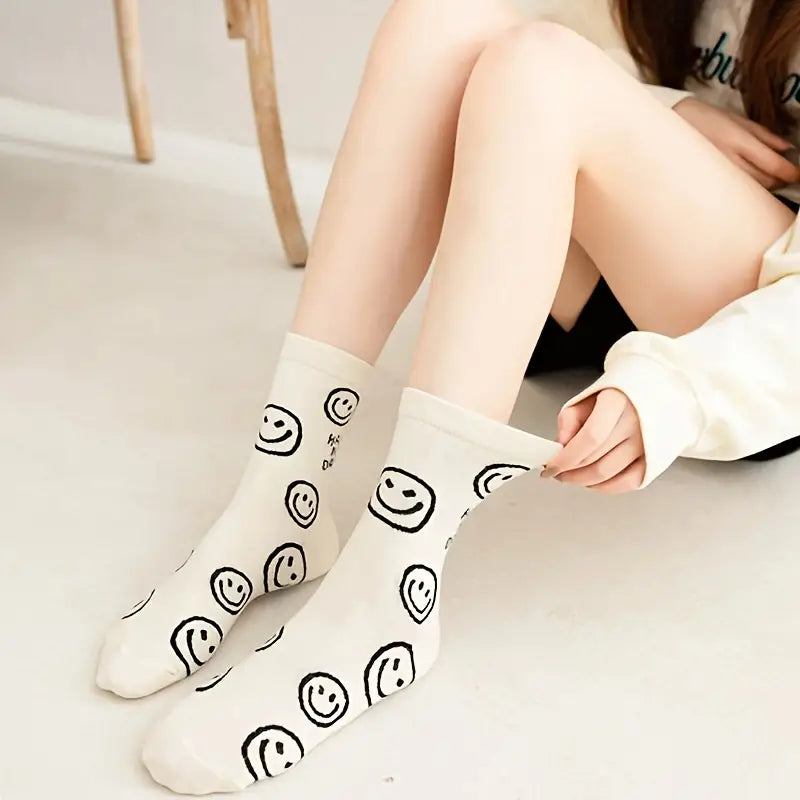 5 Pairs Smiling Face Print Socks