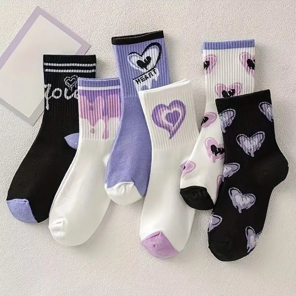 6 Pairs Heart Print Socks